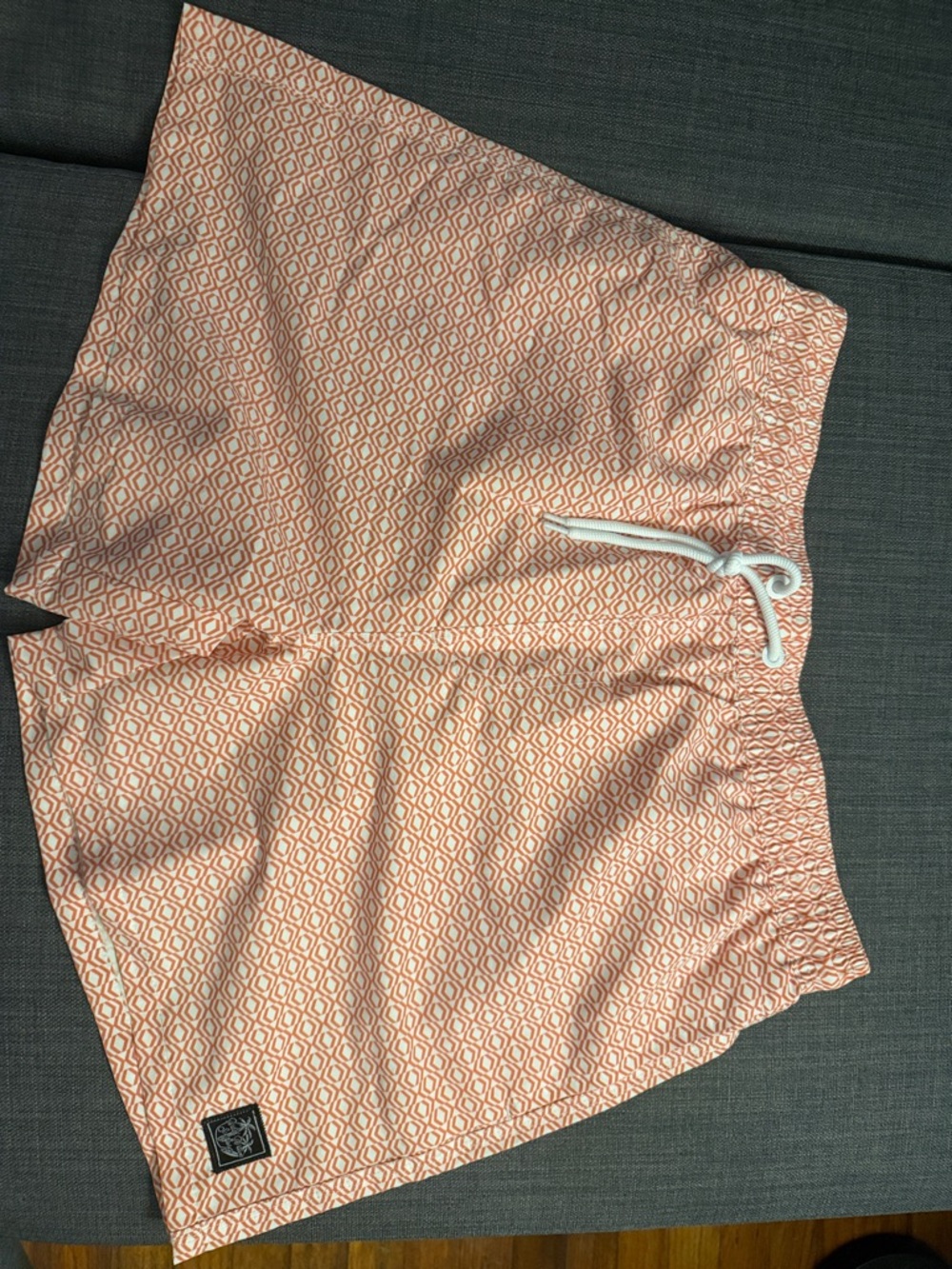 Men's Geo Print Orange Swim Trunks with Drawstring Waist- size Large